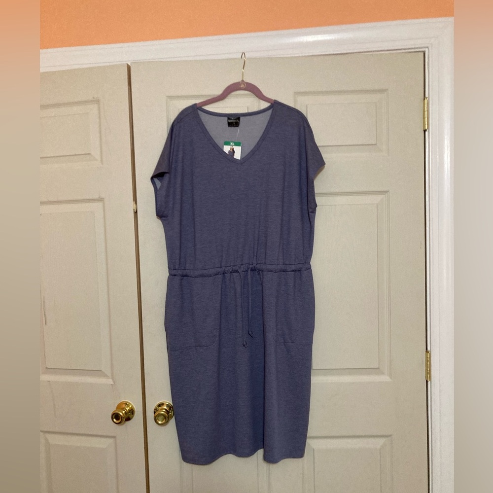NWT 32 Degrees Cool Soft Lux Dress Heather Ash Blue V-Neck Midi Pocket Size XL